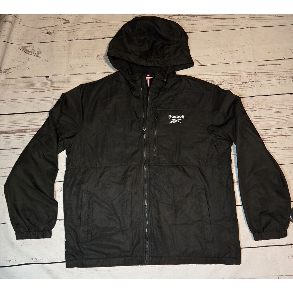 Reebok Black Softshell Jacket Mens XL Hooded Fleece Lined Full Zip